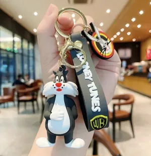 3D Rubber Novelty Gift Looney Tunes Sylvester Keyring Keychain Wristlet & Clasp