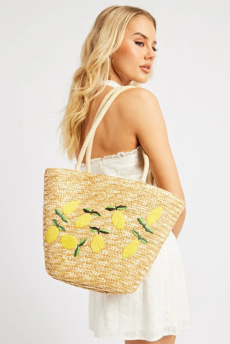 Beige Lemon Straw Tote Bag