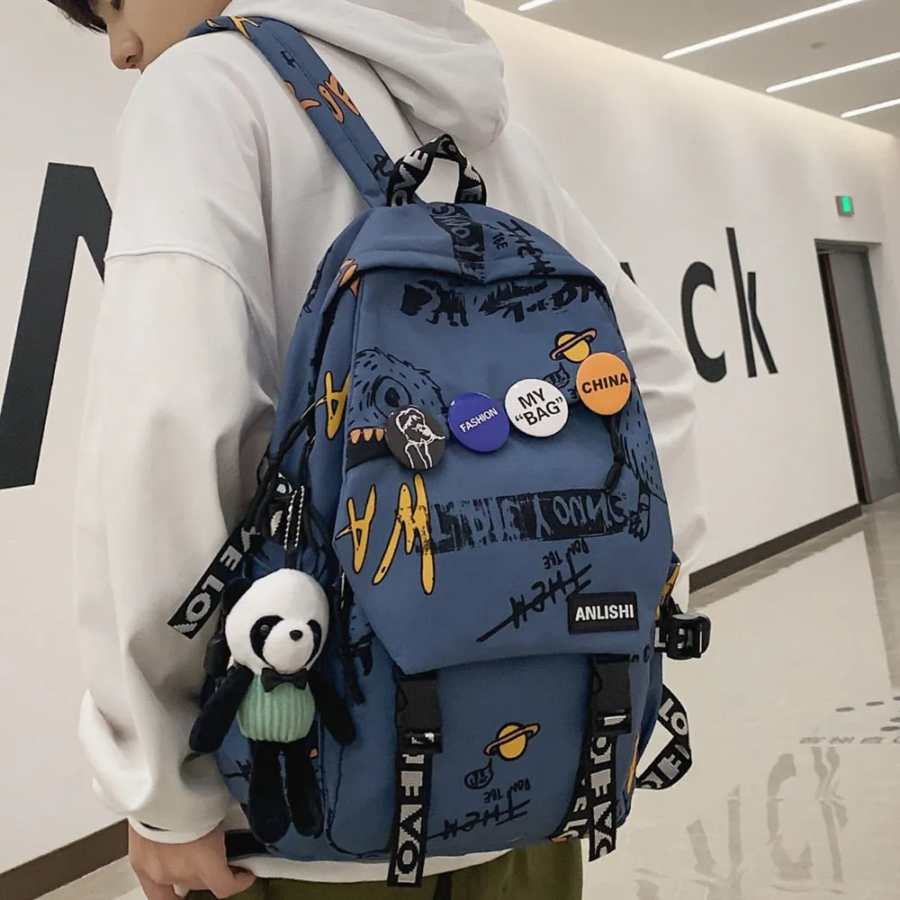 Cool Women Men Graffiti Pattern Trendy Backpack Lady Travel Badge Backpack Harajuku Bag Female Male College Girl Boy Student Bag