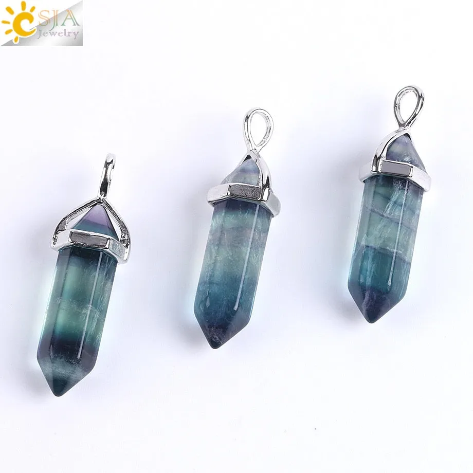 CSJA Fluorite Necklaces Crystal Pendants Suspension Natural Gem Stone Quartz Bullet Hexagonal Pendulum Reiki Chakra pendulo E546