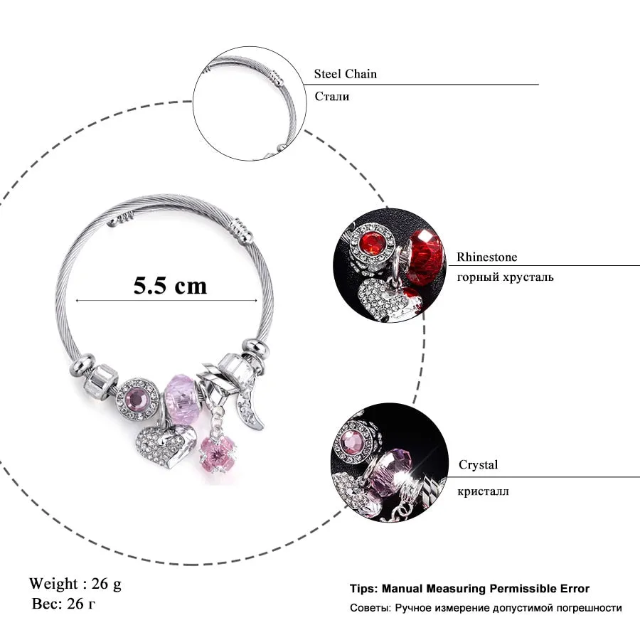 DEANWANGKT Love Heart DIY Bracelet Crystal Bead Charms Bracelets & Bangles Fashion Indian Jewelry Steel Chain Wristband Brand Gift