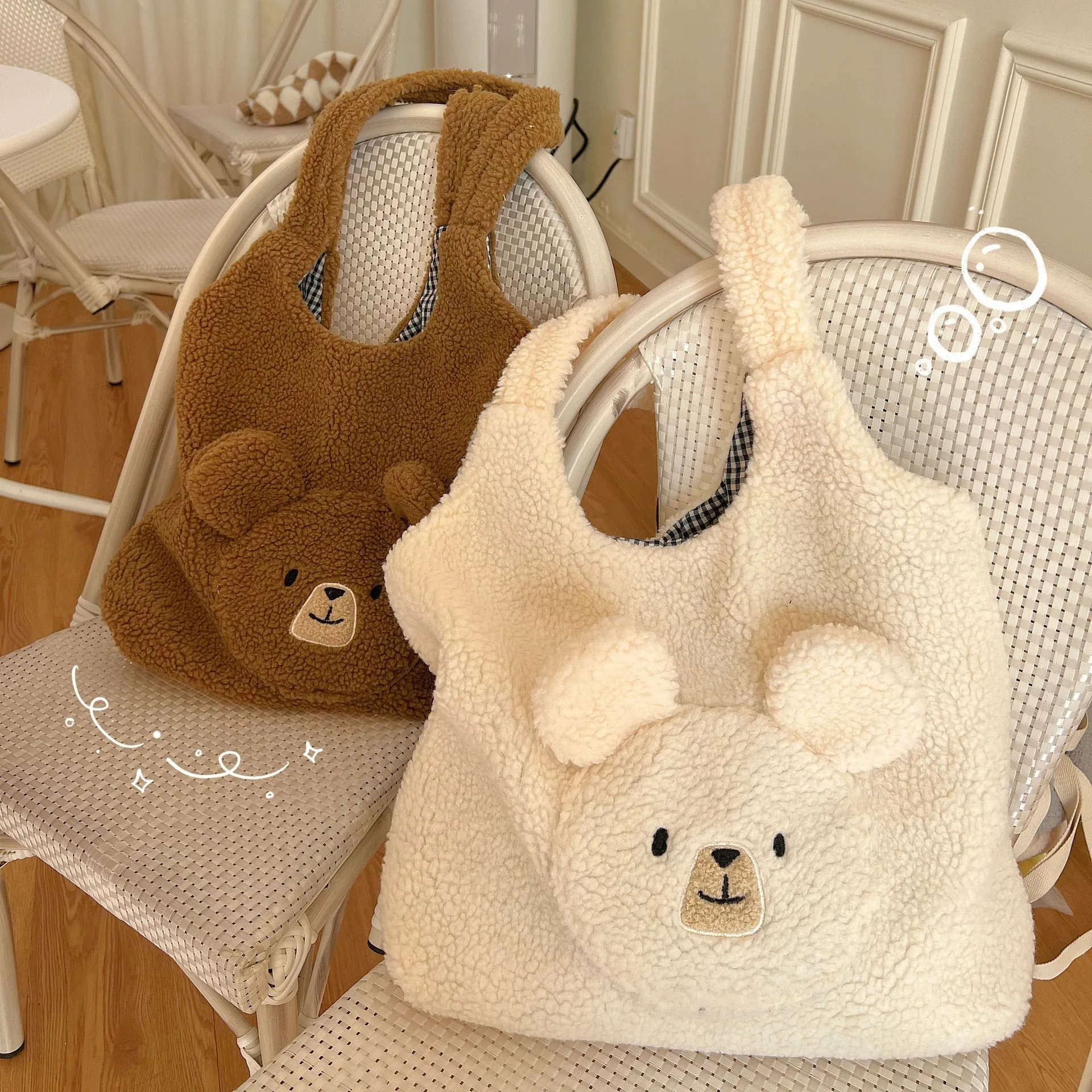 deanwangkt Soft Plush Tote Bag Women 3D Cartoon Bear Print Kawaii Shoulder Bag For Women Imitation Lamb Hair Warm Winter Handbags Big Bag