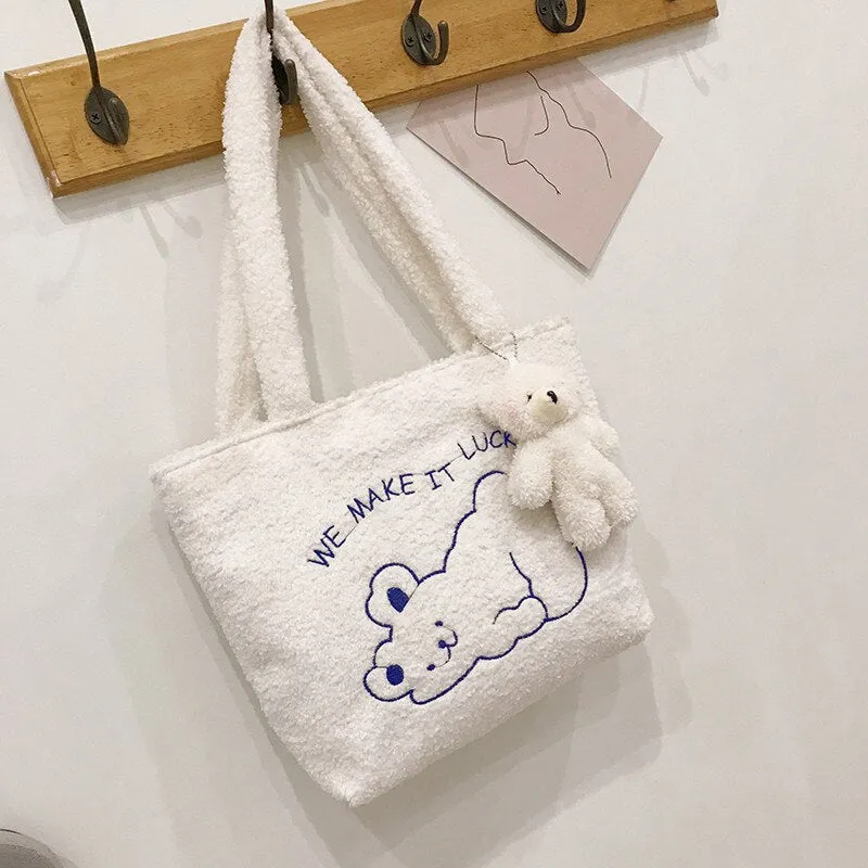 deanwangkt  Women's Bag New Plush Tote Bag For Women  Cartoon Embroidery Handbag Women Shoulder Bag Shopper Bag Winter Bags Bolsa Mujer