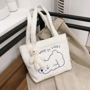 deanwangkt  Women's Bag New Plush Tote Bag For Women  Cartoon Embroidery Handbag Women Shoulder Bag Shopper Bag Winter Bags Bolsa Mujer