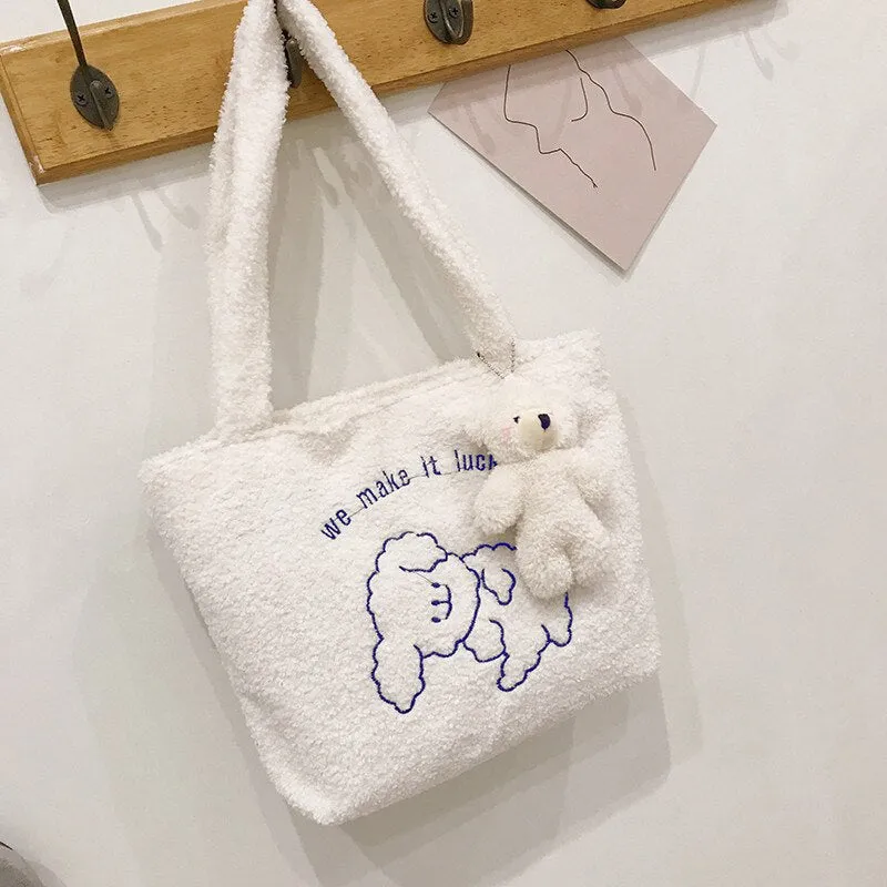 deanwangkt  Women's Bag New Plush Tote Bag For Women  Cartoon Embroidery Handbag Women Shoulder Bag Shopper Bag Winter Bags Bolsa Mujer