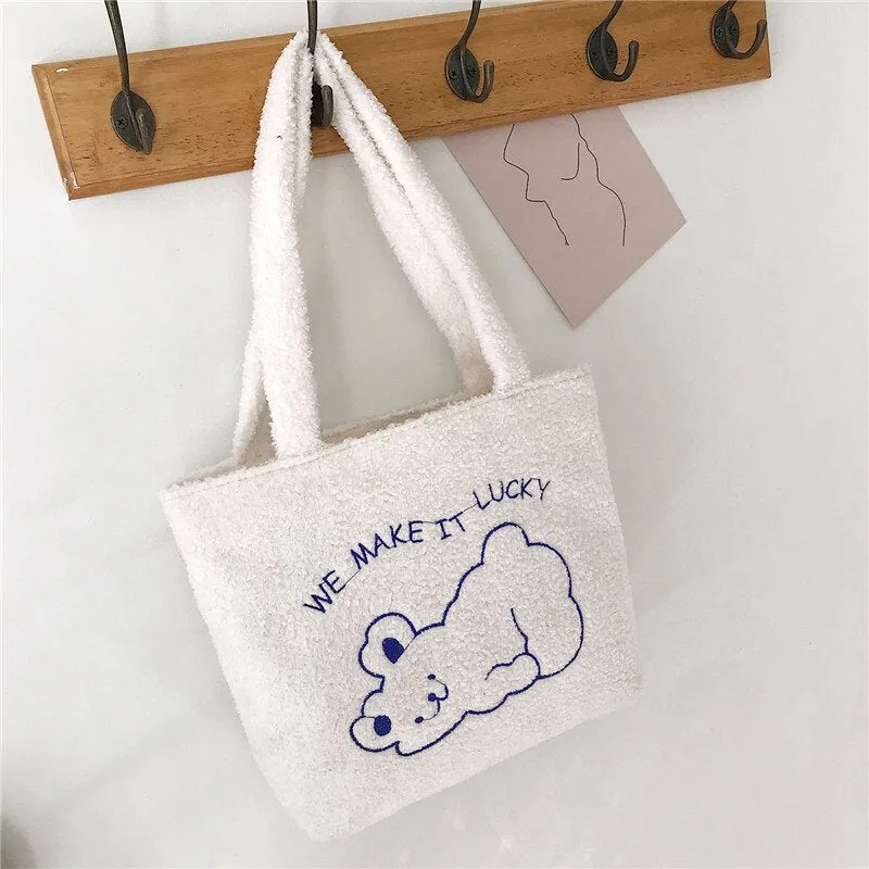 deanwangkt  Women's Bag New Plush Tote Bag For Women  Cartoon Embroidery Handbag Women Shoulder Bag Shopper Bag Winter Bags Bolsa Mujer