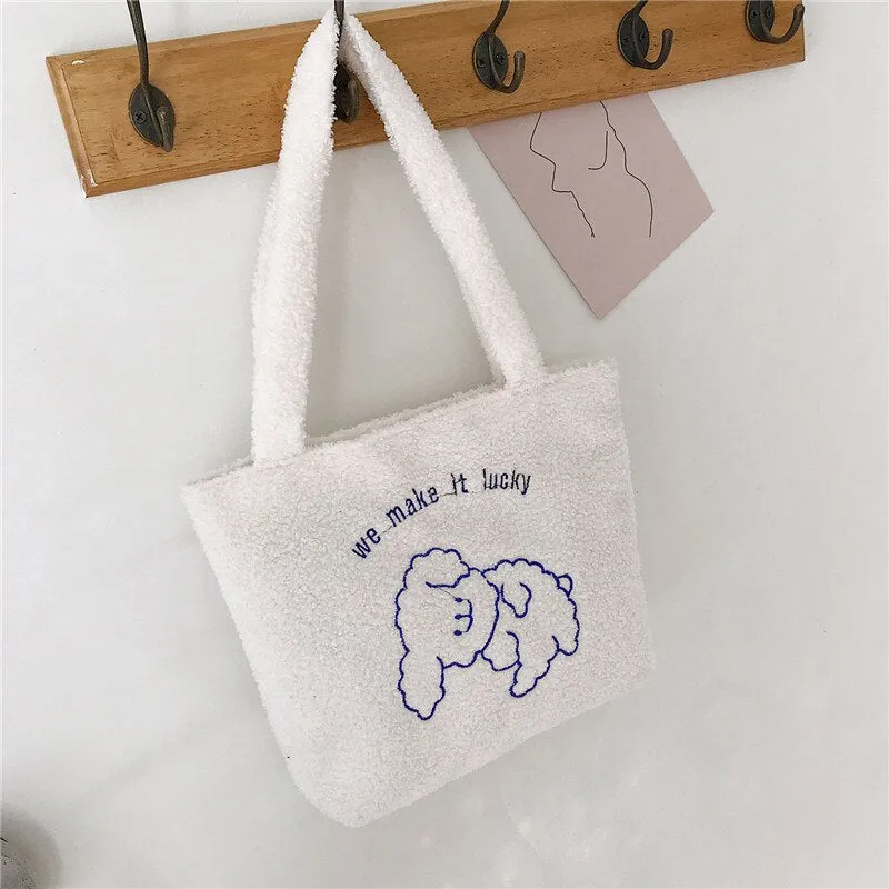 deanwangkt  Women's Bag New Plush Tote Bag For Women  Cartoon Embroidery Handbag Women Shoulder Bag Shopper Bag Winter Bags Bolsa Mujer