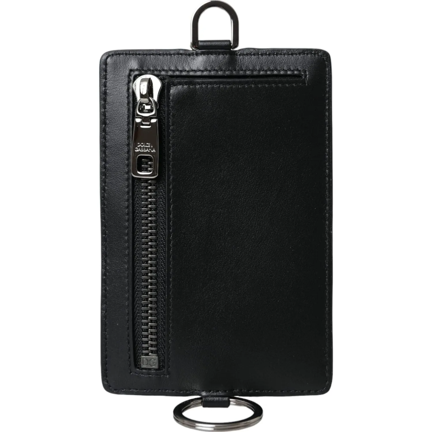 Dolce & Gabbana Black Calf Leather Lanyard Logo Card Holder Men Wallet