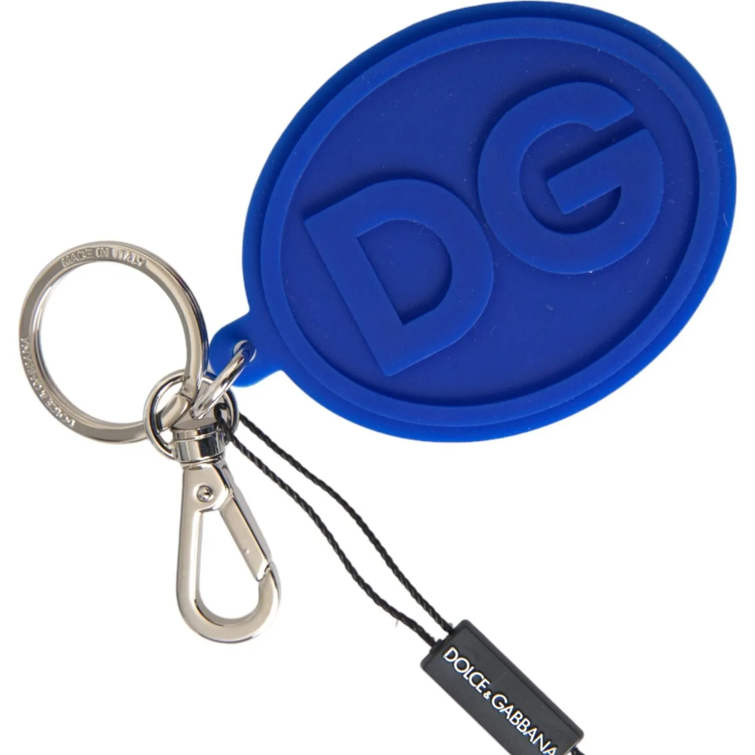 Dolce & Gabbana Blue Rubber DG Logo Silver Brass Metal Keyring Keychain