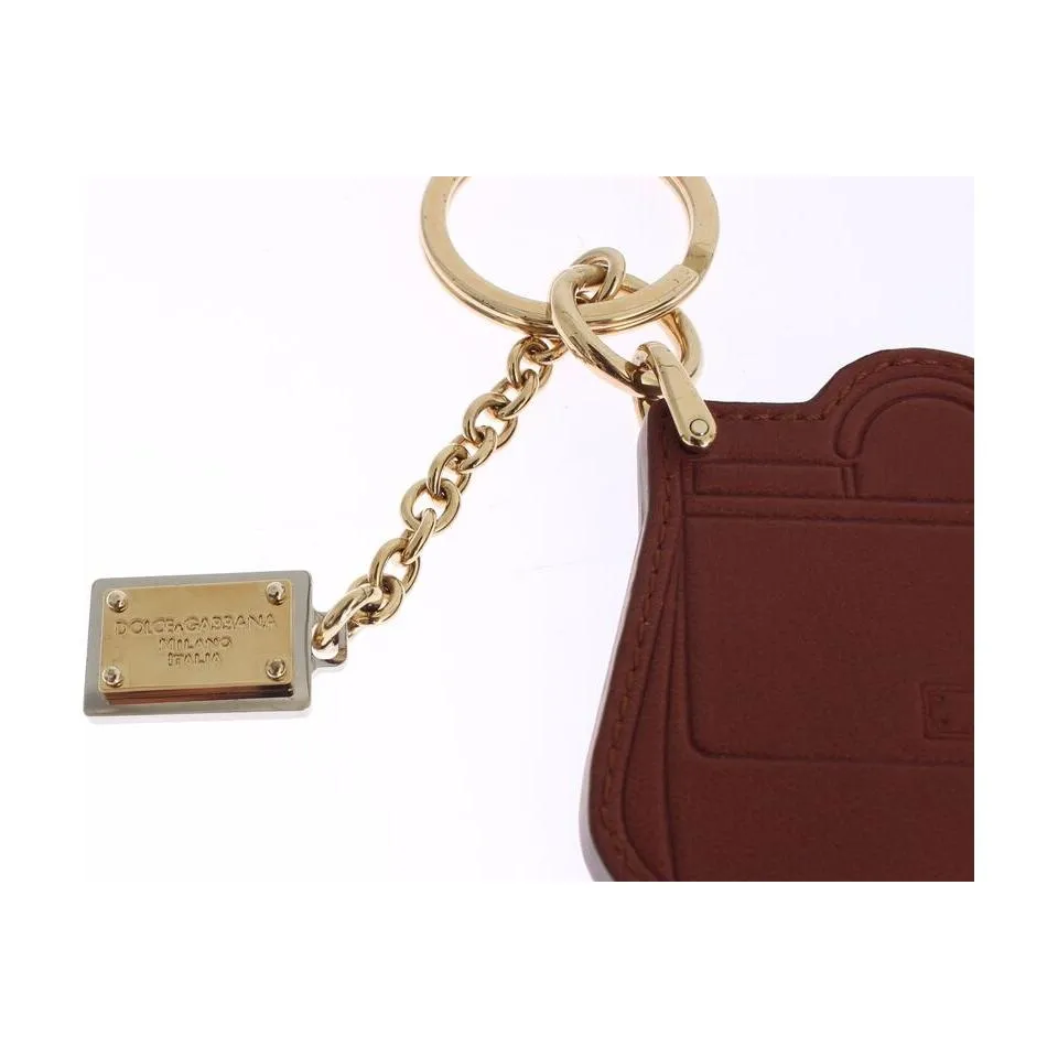 Dolce & Gabbana Elegant Brown Leather Keychain with Gold Detailing