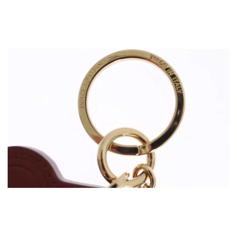 Dolce & Gabbana Elegant Brown Leather Keychain with Gold Detailing