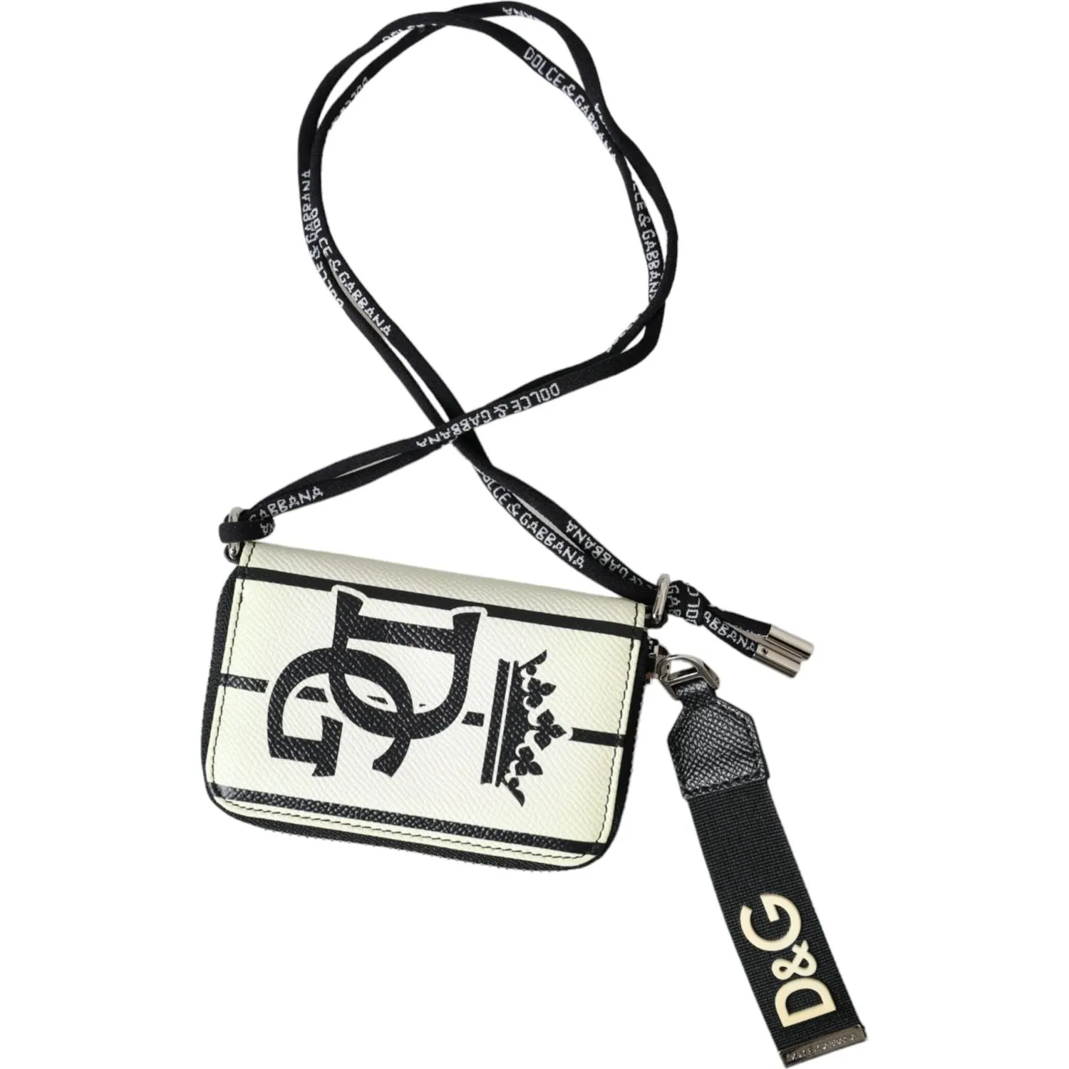 Dolce & Gabbana White Black Stripe Crown Logo Leather Card Holder Wallet