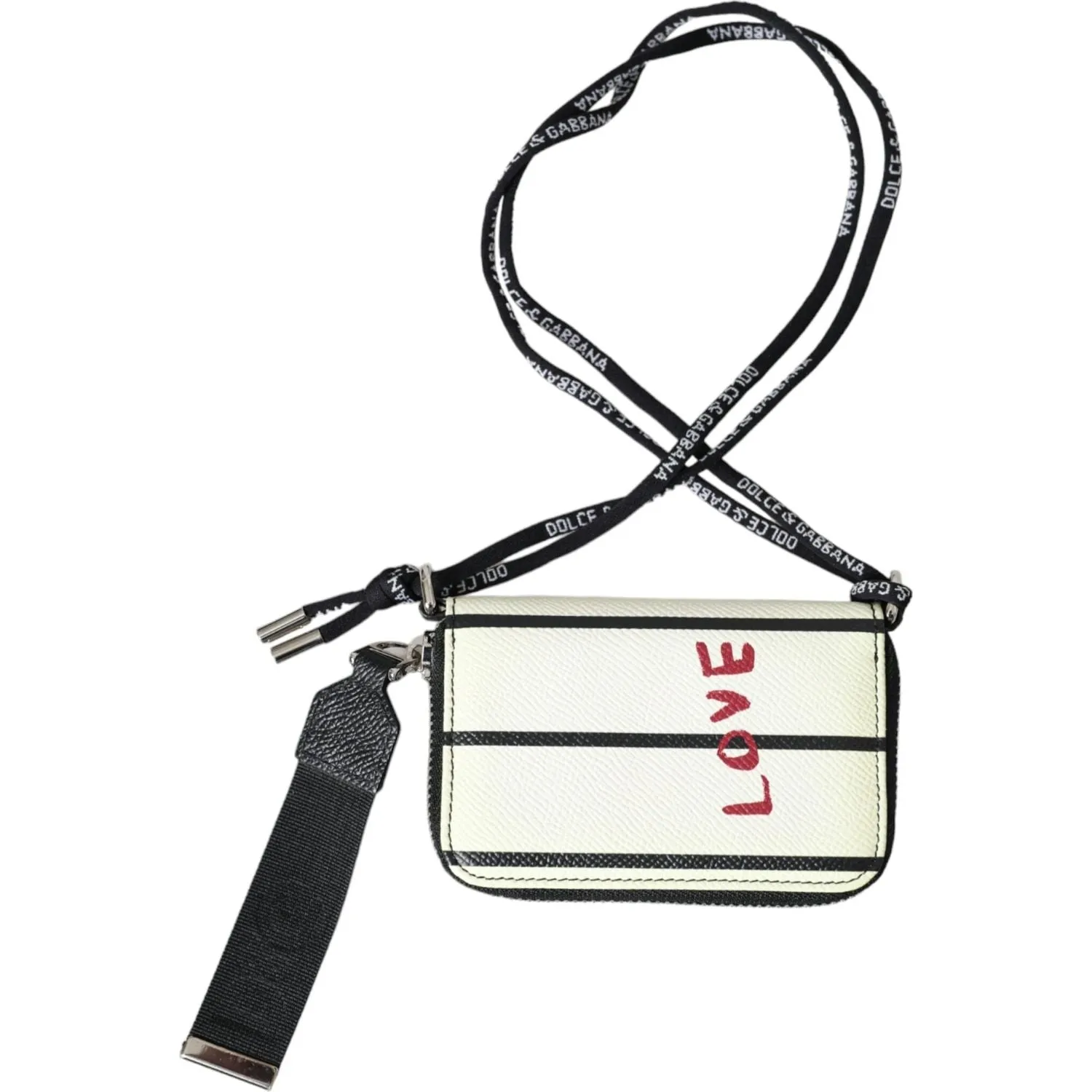 Dolce & Gabbana White Black Stripe Crown Logo Leather Card Holder Wallet