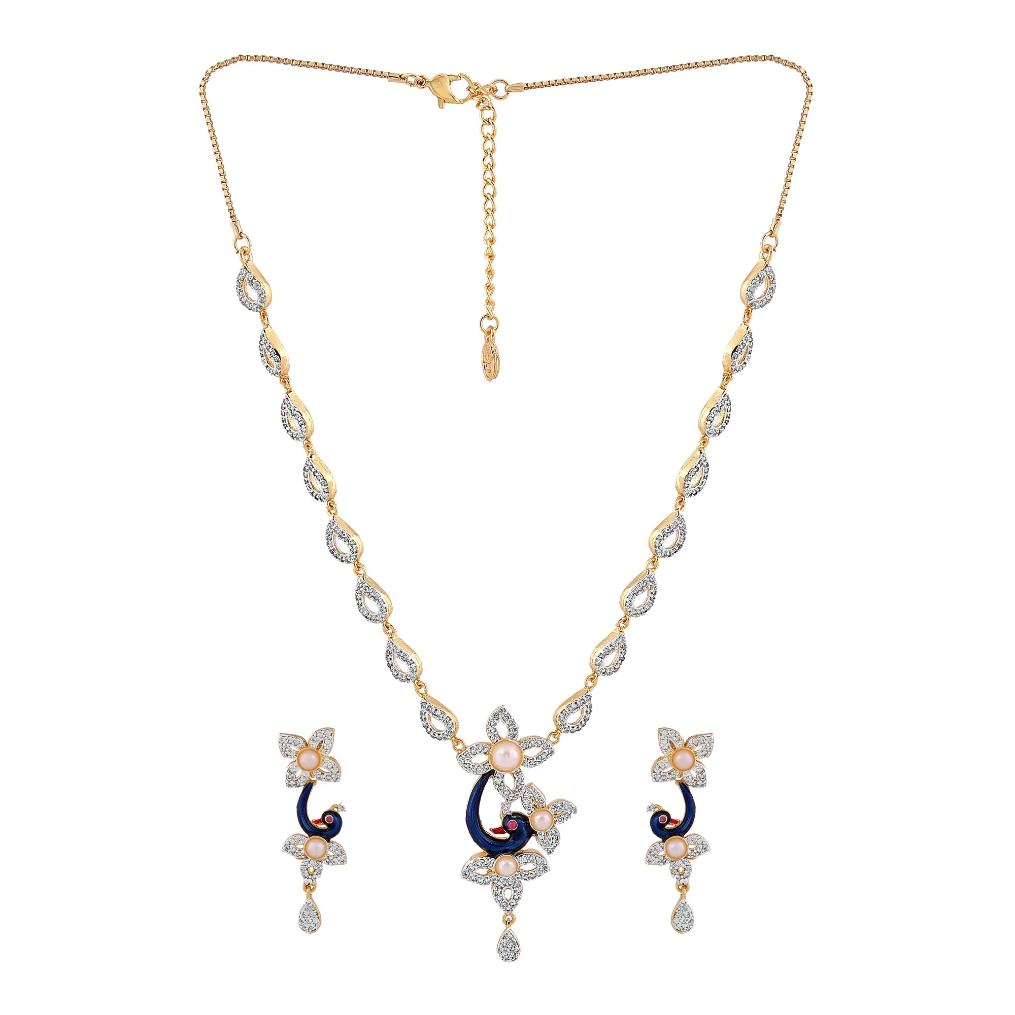 Estele 24 Kt Gold Plated Peacock Shaped American Diamond Necklace Set