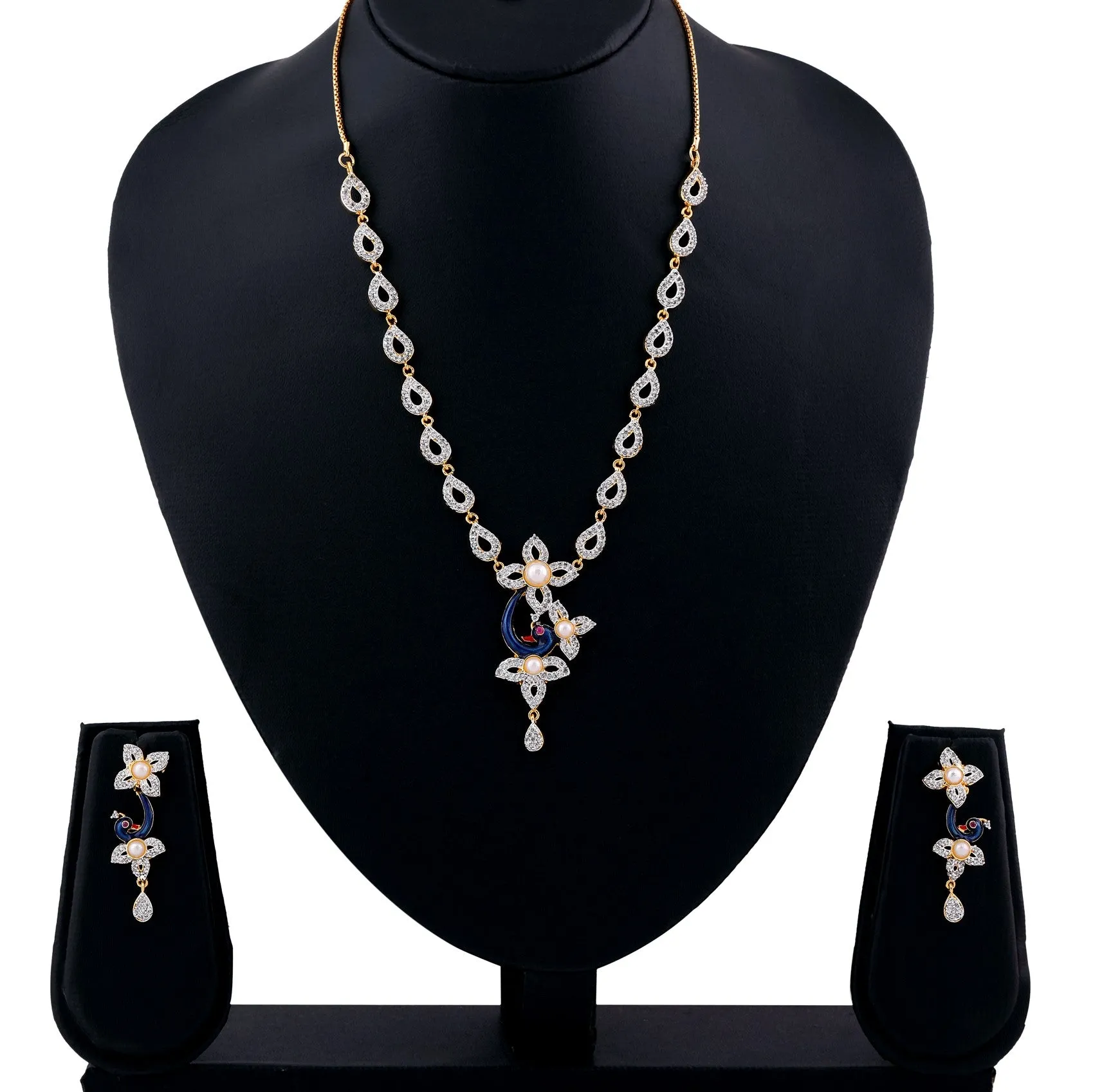 Estele 24 Kt Gold Plated Peacock Shaped American Diamond Necklace Set