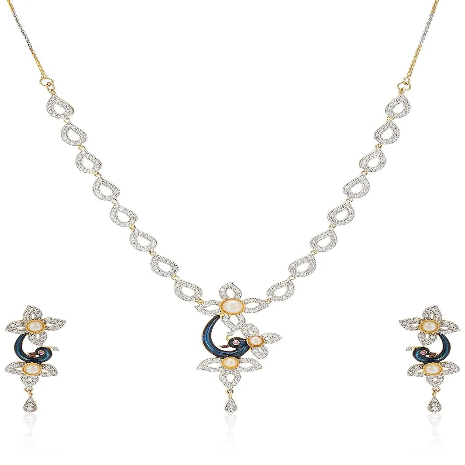 Estele 24 Kt Gold Plated Peacock Shaped American Diamond Necklace Set