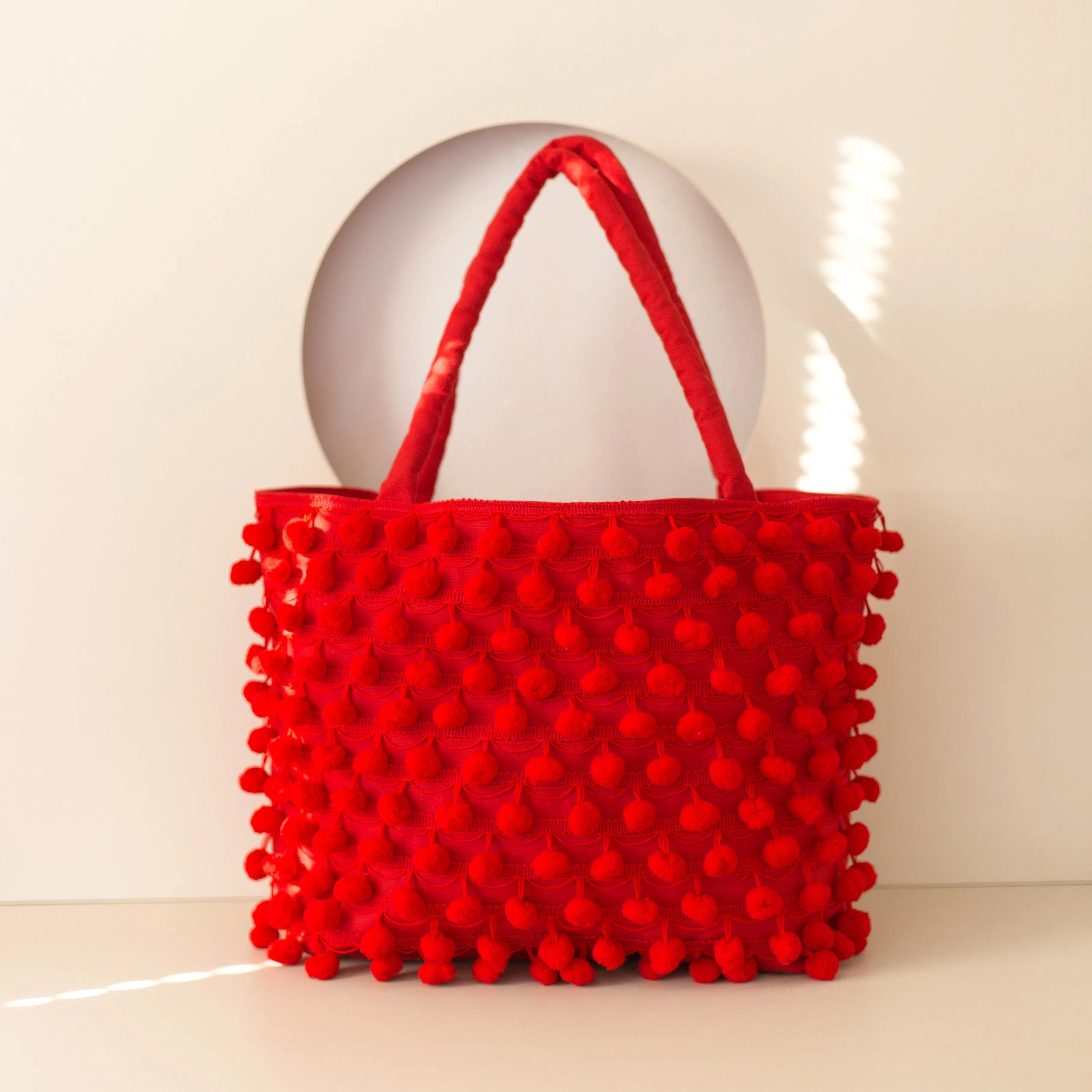 Ha Leh Pom Pom Tote Bag in Red