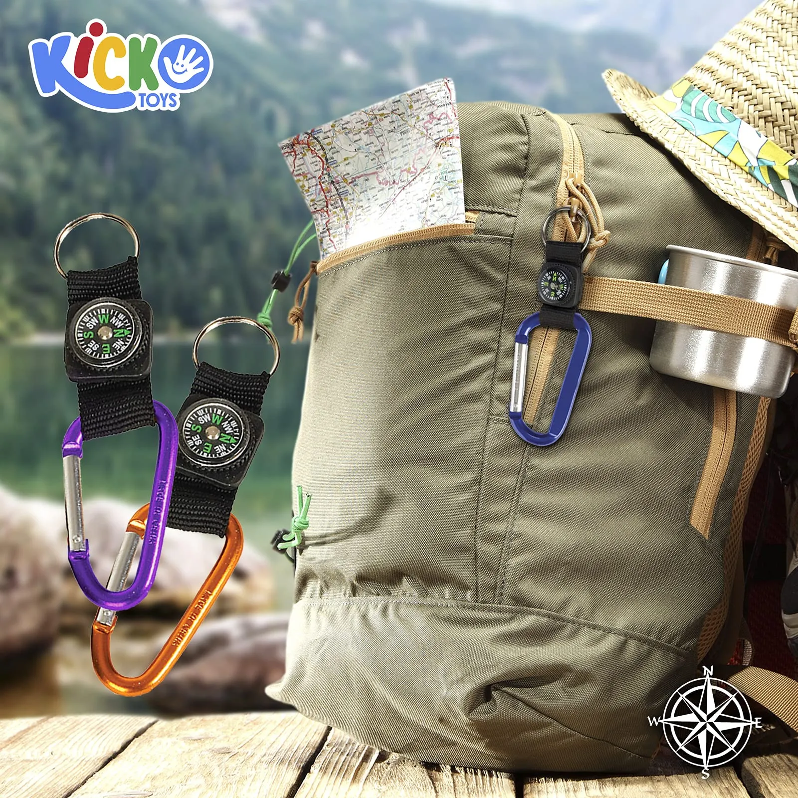 Kicko Rock Clip Keychain with Compass Design - 12 Pack Metal Self Lock Clip - Clasps