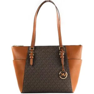 Michael Kors Charlotte Signature Leather Large Top Zip Tote Handbag Bag (Brown)