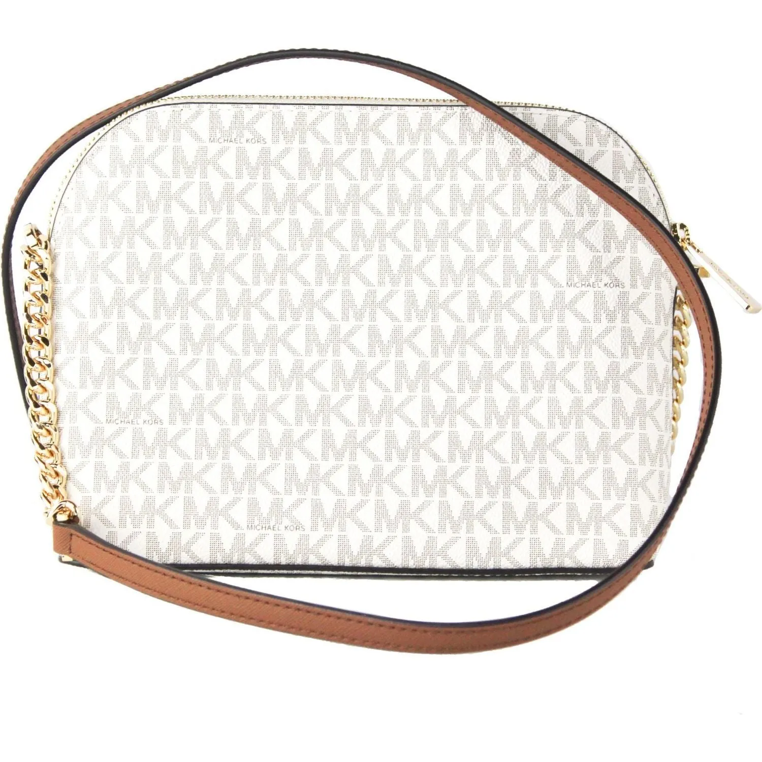 Michael Kors Jet Set Travel Medium Leather X Cross Dome Crossbody Handbag (Vanilla Signature/Gold)