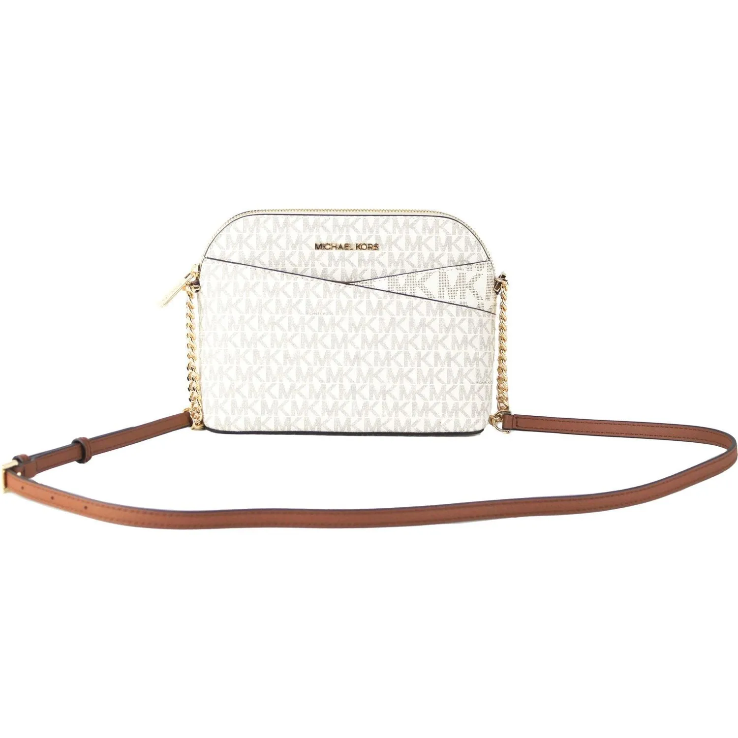 Michael Kors Jet Set Travel Medium Leather X Cross Dome Crossbody Handbag (Vanilla Signature/Gold)