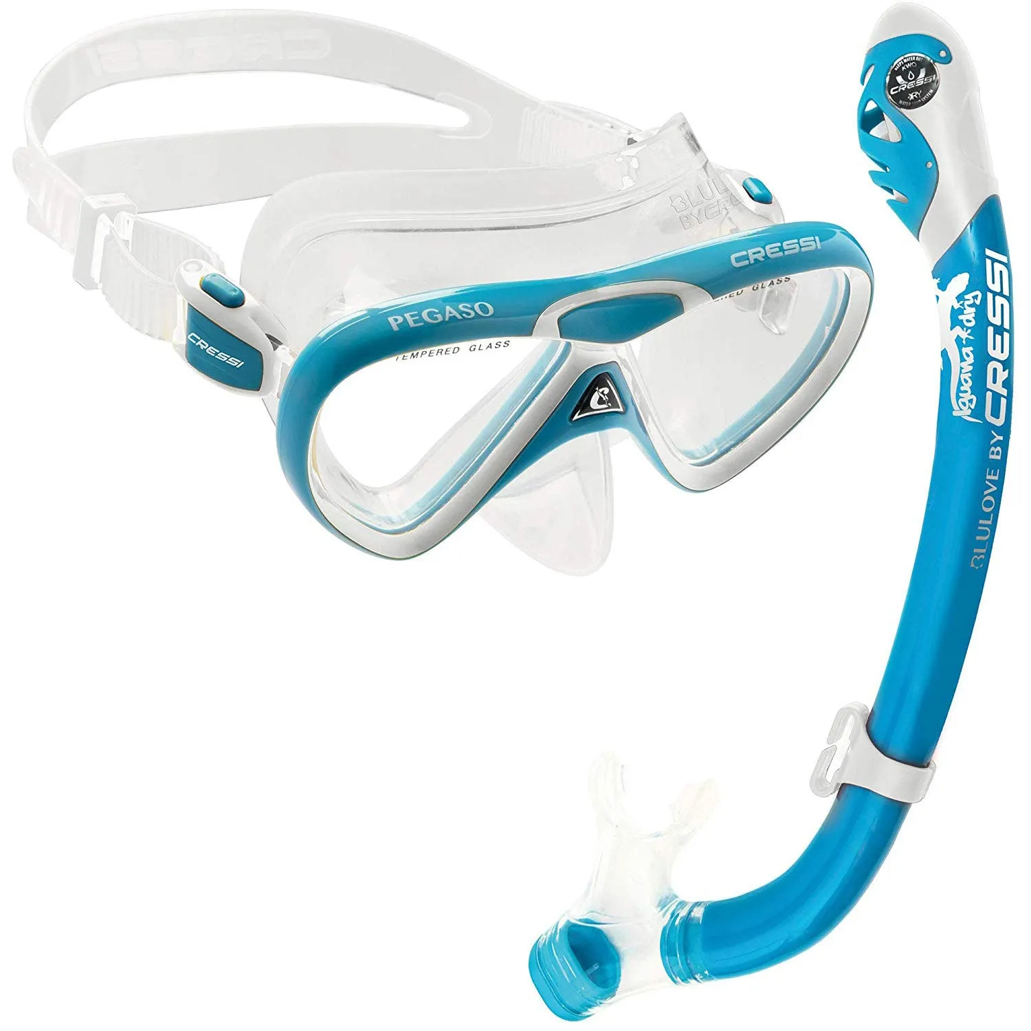 Open Box Cressi Junior Rocks Dry Mask Fin Snorkel Set-Blue / White-Large / X-Large