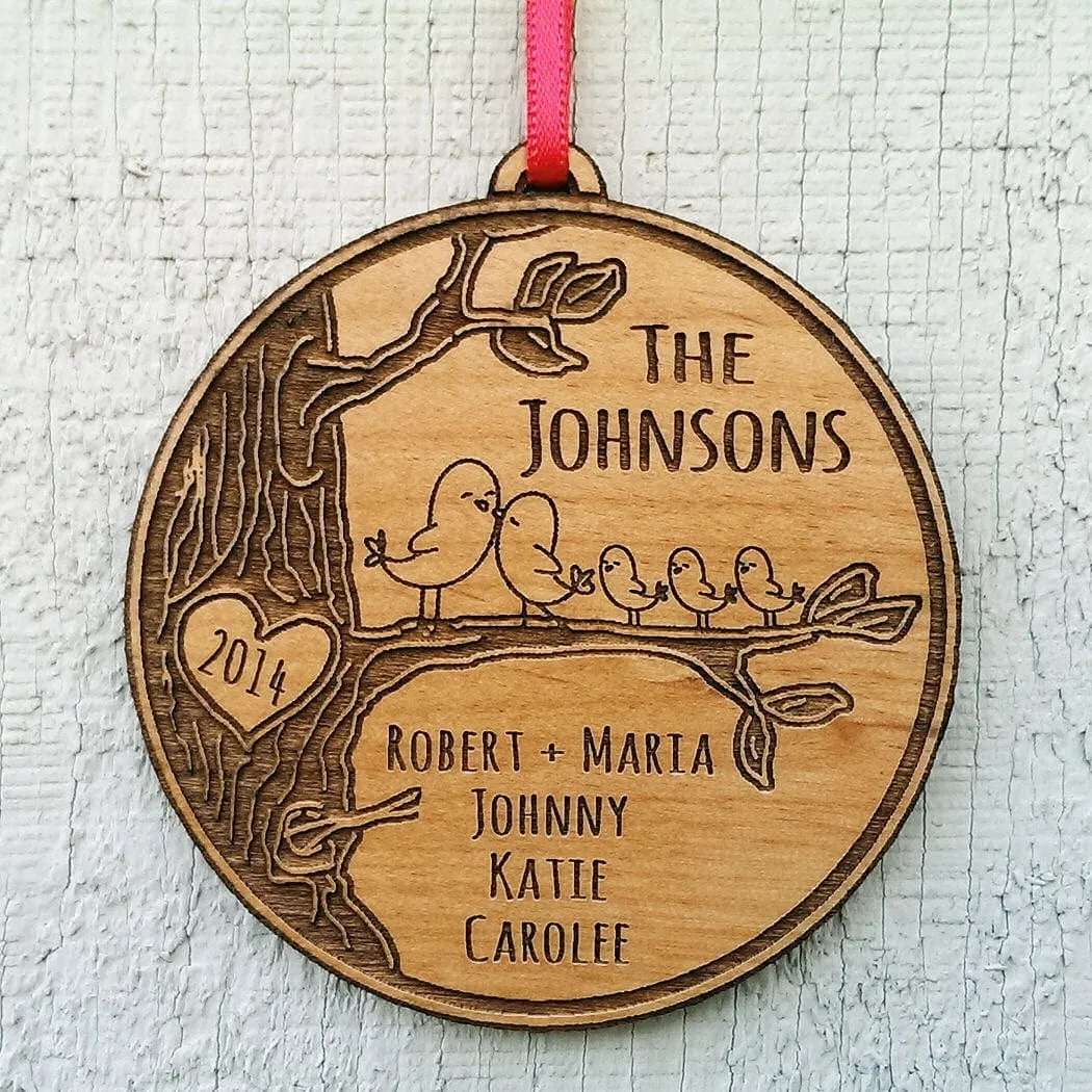 Personalized Family Christmas Ornament  Gift Christmas Ornament  Personalized Names Date Tree Trunk Love Birds Custom Engraved Wood Holiday